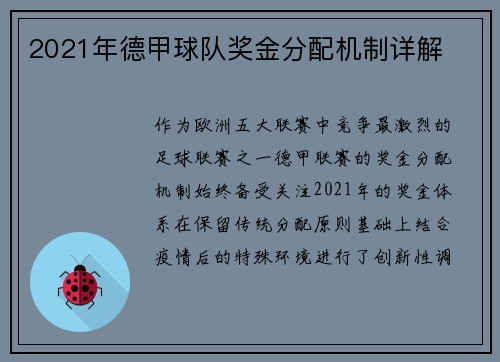 2021年德甲球队奖金分配机制详解