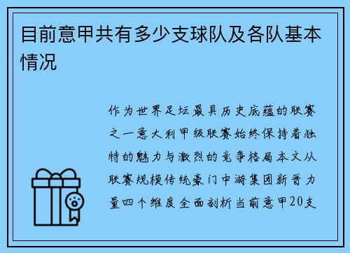 目前意甲共有多少支球队及各队基本情况